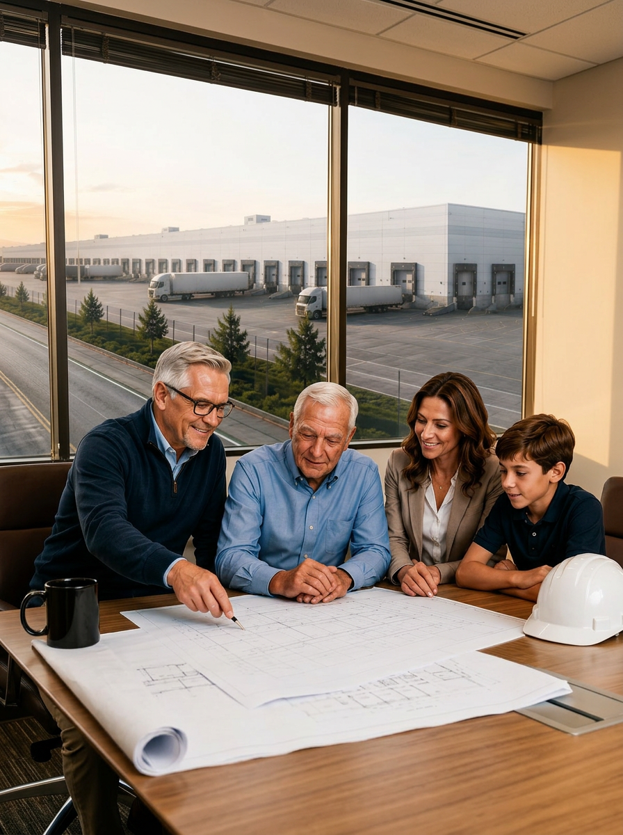 Allen Buchanan reviewing industrial facility blueprints with a family-owned business client